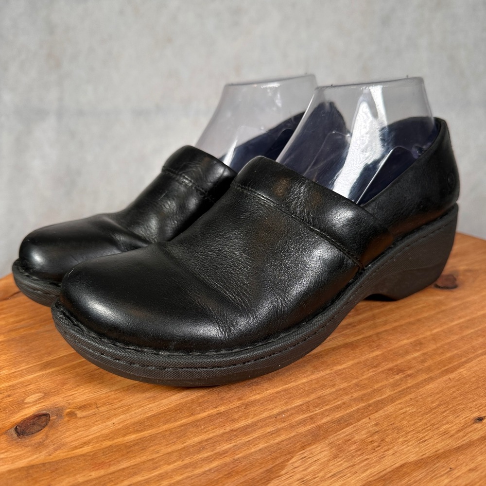 Born Clogs Womens 8.5 Black Leather Slip On Wedge Platform Shoes F36103 Good